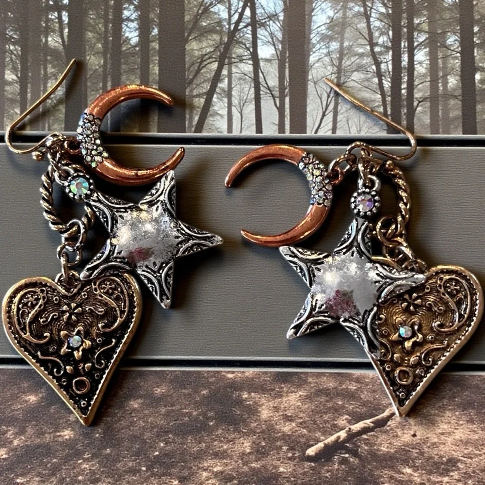 Boho Silver, Copper, and Bronze Toned Star and Heart Earrings Celestial Witchy